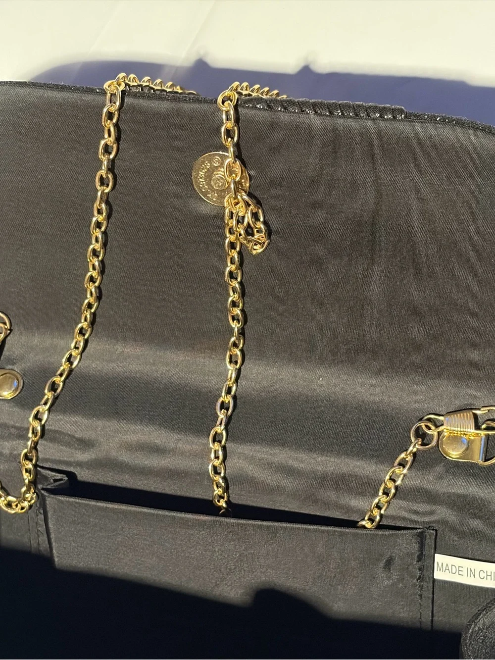 Black Glitter Evening Clutch with Gold Chain Strap
